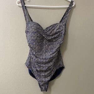 Nip Tuck One Piece Swimsuit Navy White Gold Woman’s Size 8 Tummy Control
